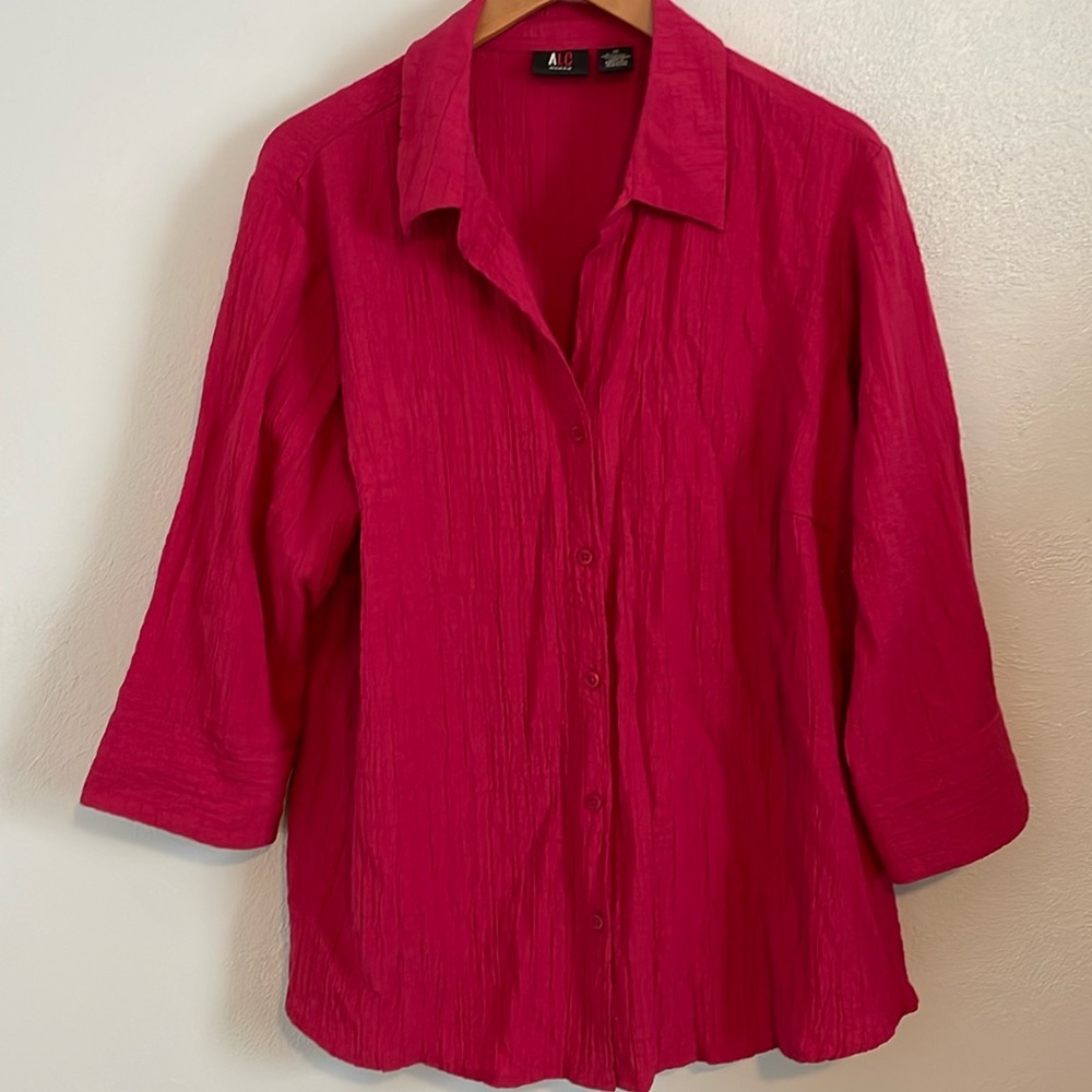 ALC Woman‎ Raspberry Fuchsia Lightweight 3/4 Sleeve Button Up Blouse Shirt 1X